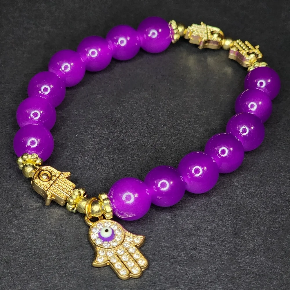 Purple Glass Beaded Hamsa Charm Stretch Bracelet